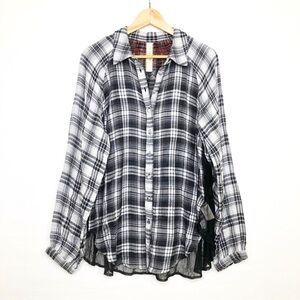 Free People medium New Romantics oversized mix, media plaid button down shirt